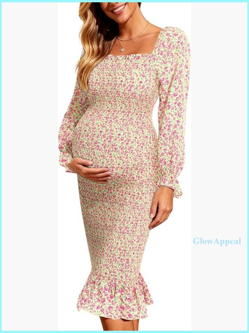 Long Sleeve Floral Smocked Maternity Bodycon Midi Dress